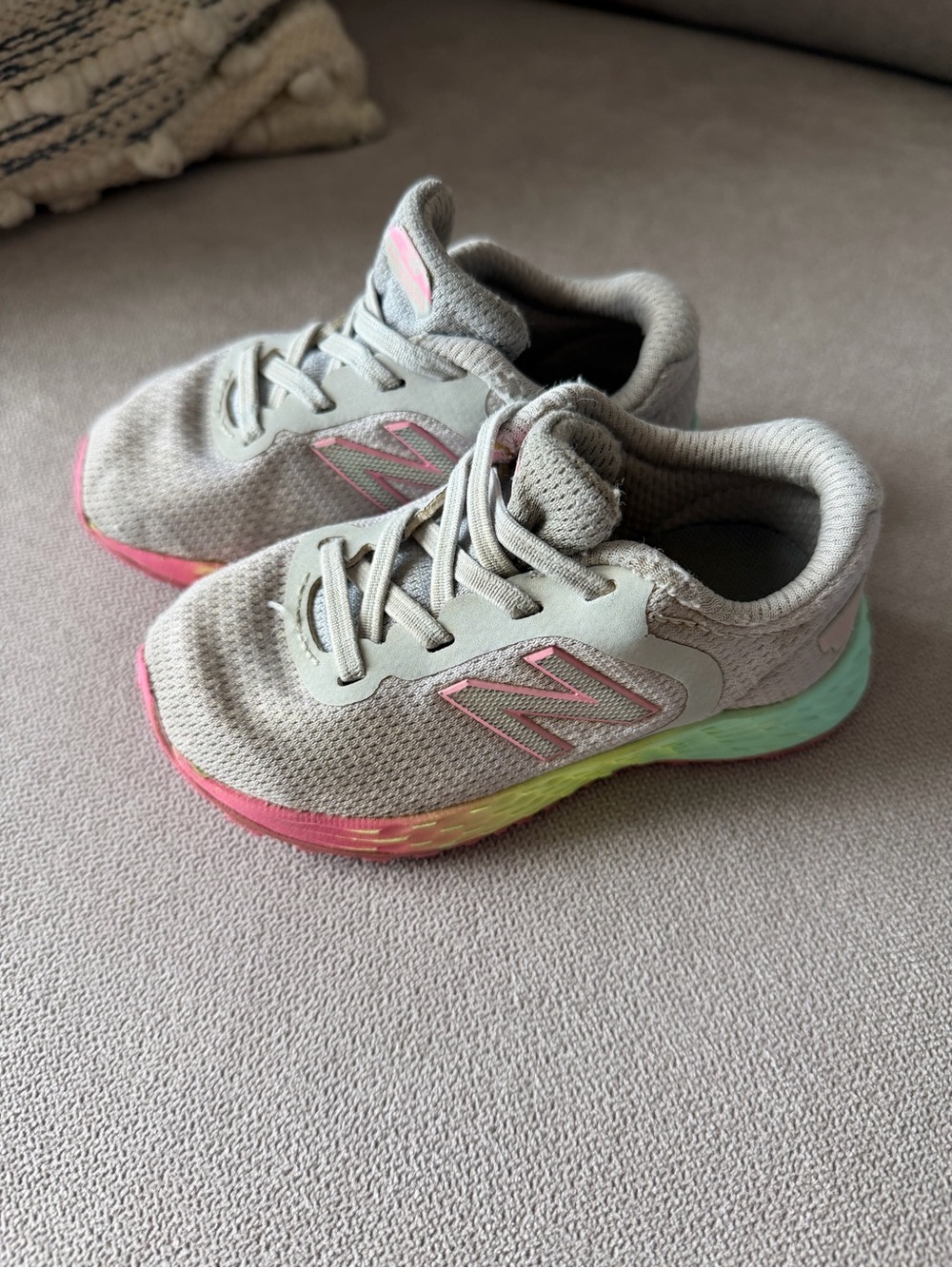 New Balance Toddler Gray Sneakers with Pink & Mint Gradient Midsole